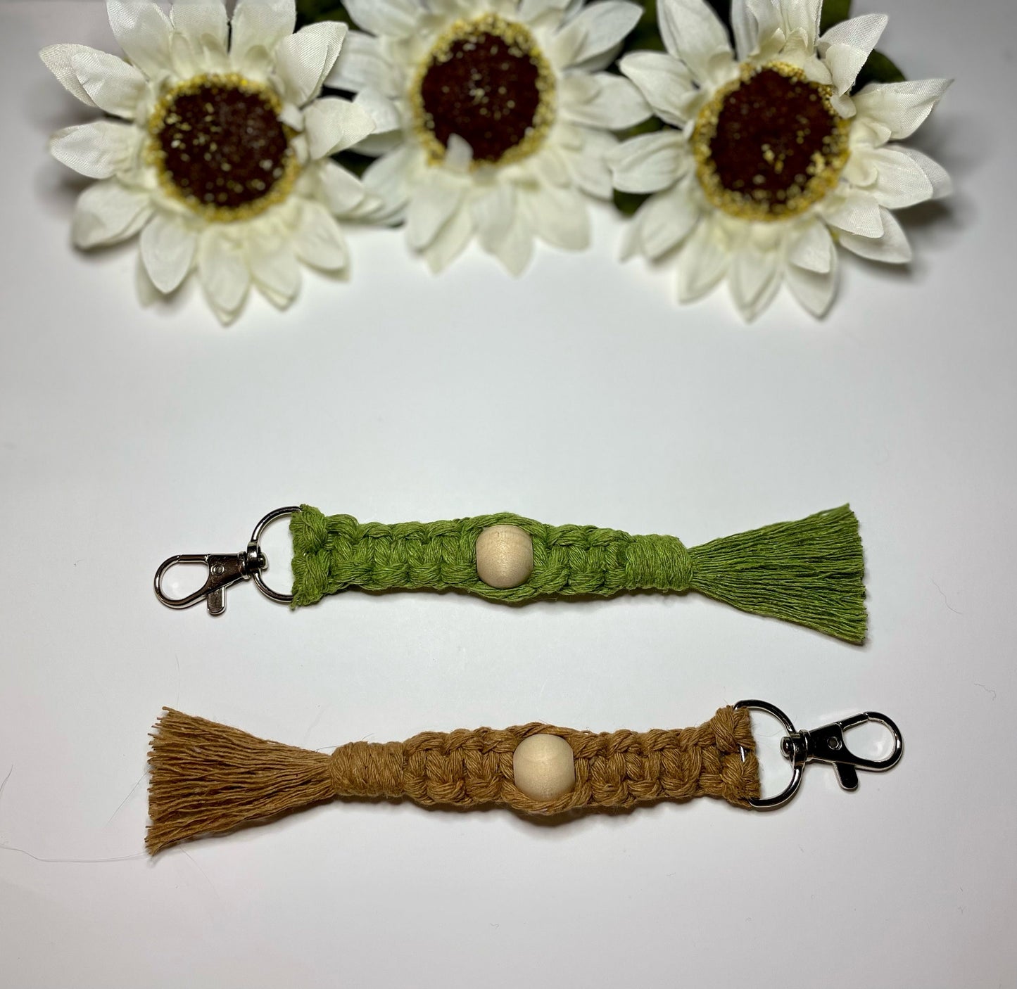 Long Handmade Macrame Keychain with Wood Bead - Emily