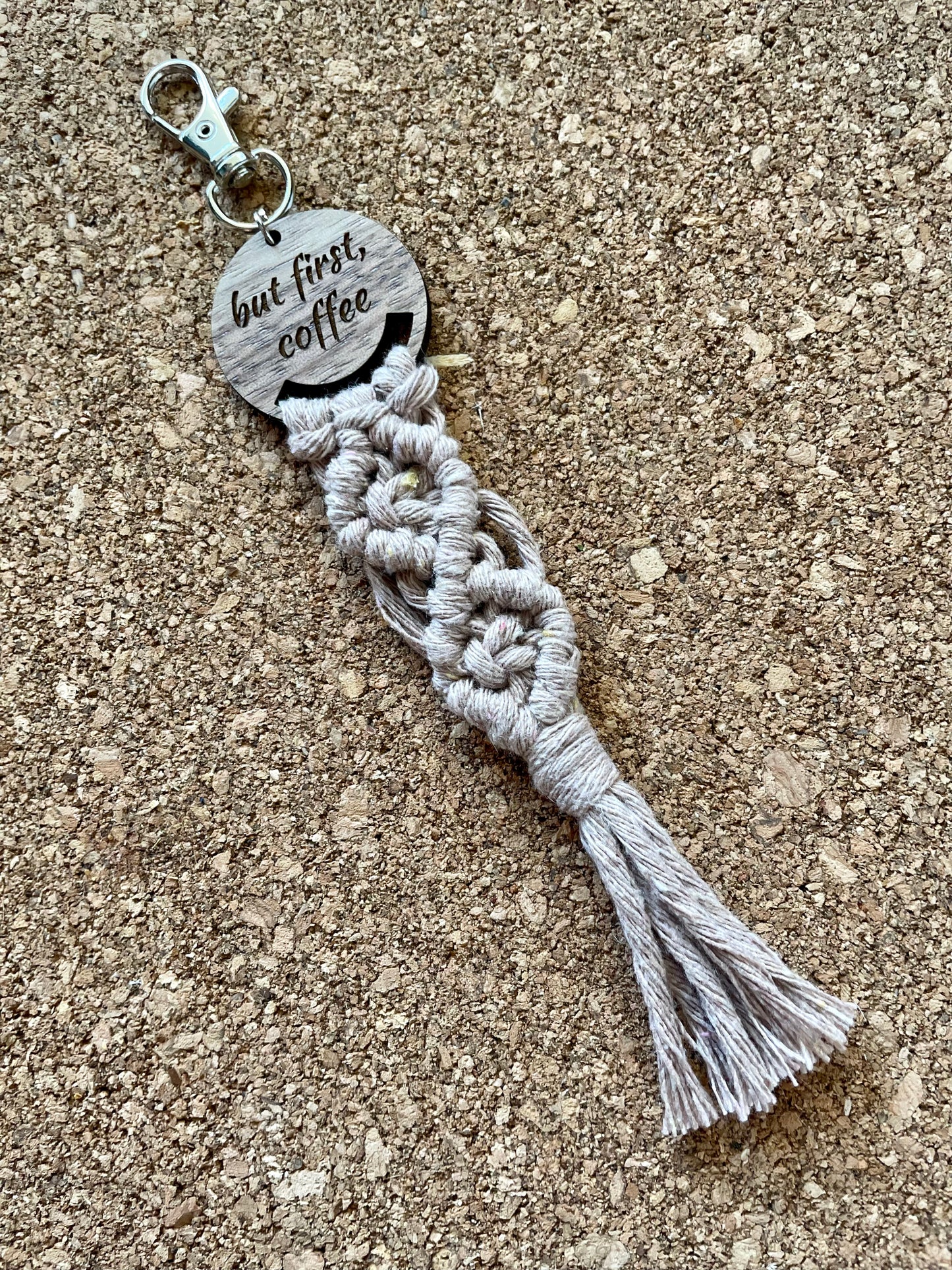 Wood and Cotton Macrame Keychain - But first, Coffee